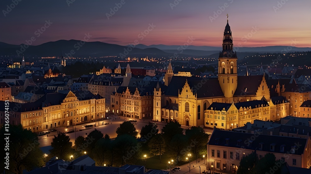 Obraz premium Twilight view of a historic city center with glowing buildings