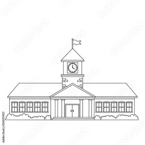 Line drawing of a school building with clock tower and flag, showcasing simple architecture, representing education, learning, and community