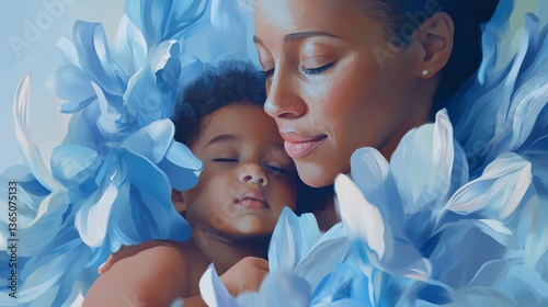 Mother's Day card concept. A tender moment between a mother and child surrounded by soft blue flowers, showcasing love and serenity.