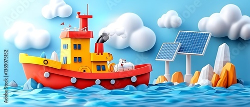 Colorful cartoon tugboat sailing near solar panels on water