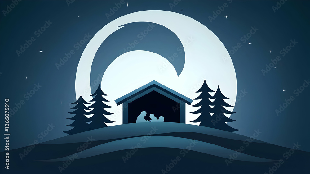 Naklejka premium Nativity Scene Silhouette Under Starry Night Sky