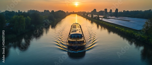 A large boat sails down a calm canal at golden sunset