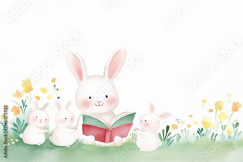 Cute Watercolor Bunny Reading a Book to Baby Rabbits in a Spring Meadow Illustration