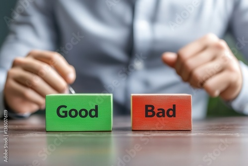 Two wooden blocks labeled Good and Bad on a table, with a person pointing toward the Good block. Concept of decision-making, ethics, evaluation, and business choices