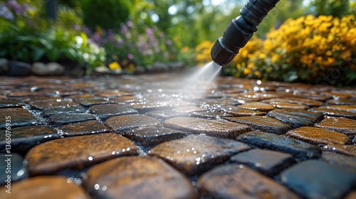 Cleaning Cobblestone Patio Stone Pathway Garden Pressure Washer Water Spray Brown Gray Stones HD wet high free shiny fresh image photo stock asset    