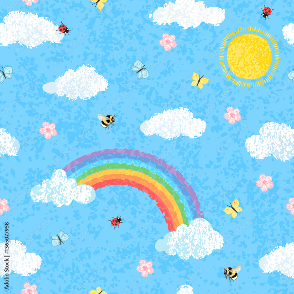Obraz premium Vector Seamless Background with Colorful Textured Illustrations of Blue Spring Sky with Sun, Rainbow and Insect