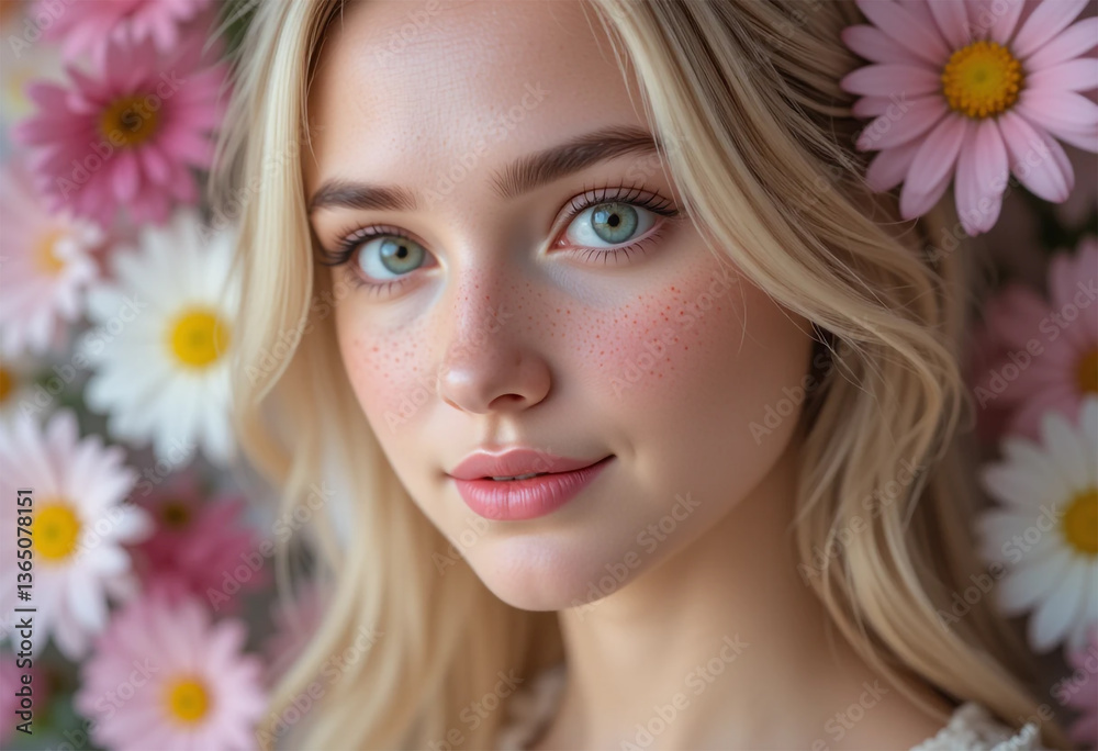 Blond woman with freckles surrounded by pink and white daisies soft lighting delicate beauty Blond woman with freckles surrounded by pink and white daisies soft lighting delicate beauty