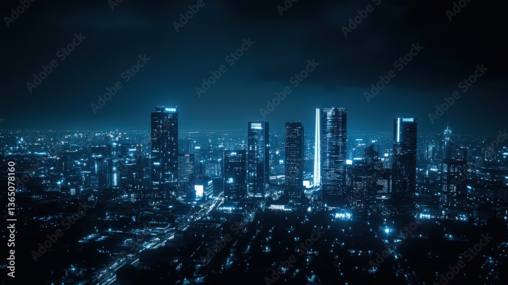 Fototapeta premium Blurred Night Cityscape with Dark Blue Tones and Bright Lights