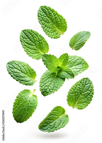 Freshness of Nature, A Vibrant Mint Leaves Explosion on White Backdrop