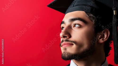 Young Male Graduate in Cap Looking Upwards Against a Bold Red Background, Celebrating Academic Success and Future
