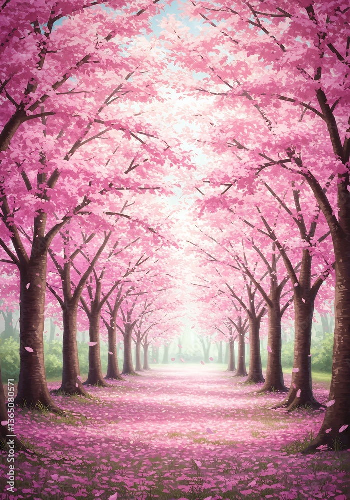 Naklejka premium Dreamy Pink Blossom Tunnel Path Soft Light. AI Generated