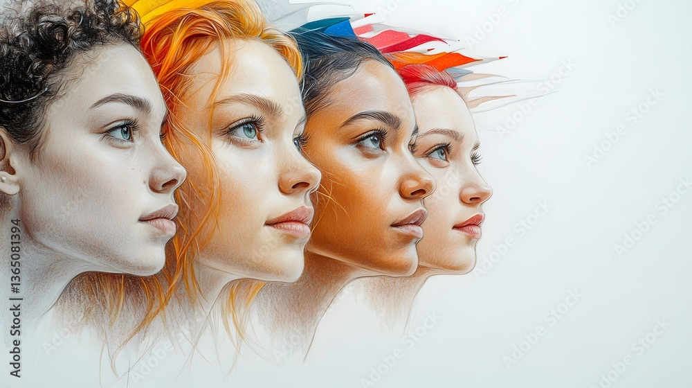 Obraz premium Diverse Women's Profiles, Unity, Abstract Background