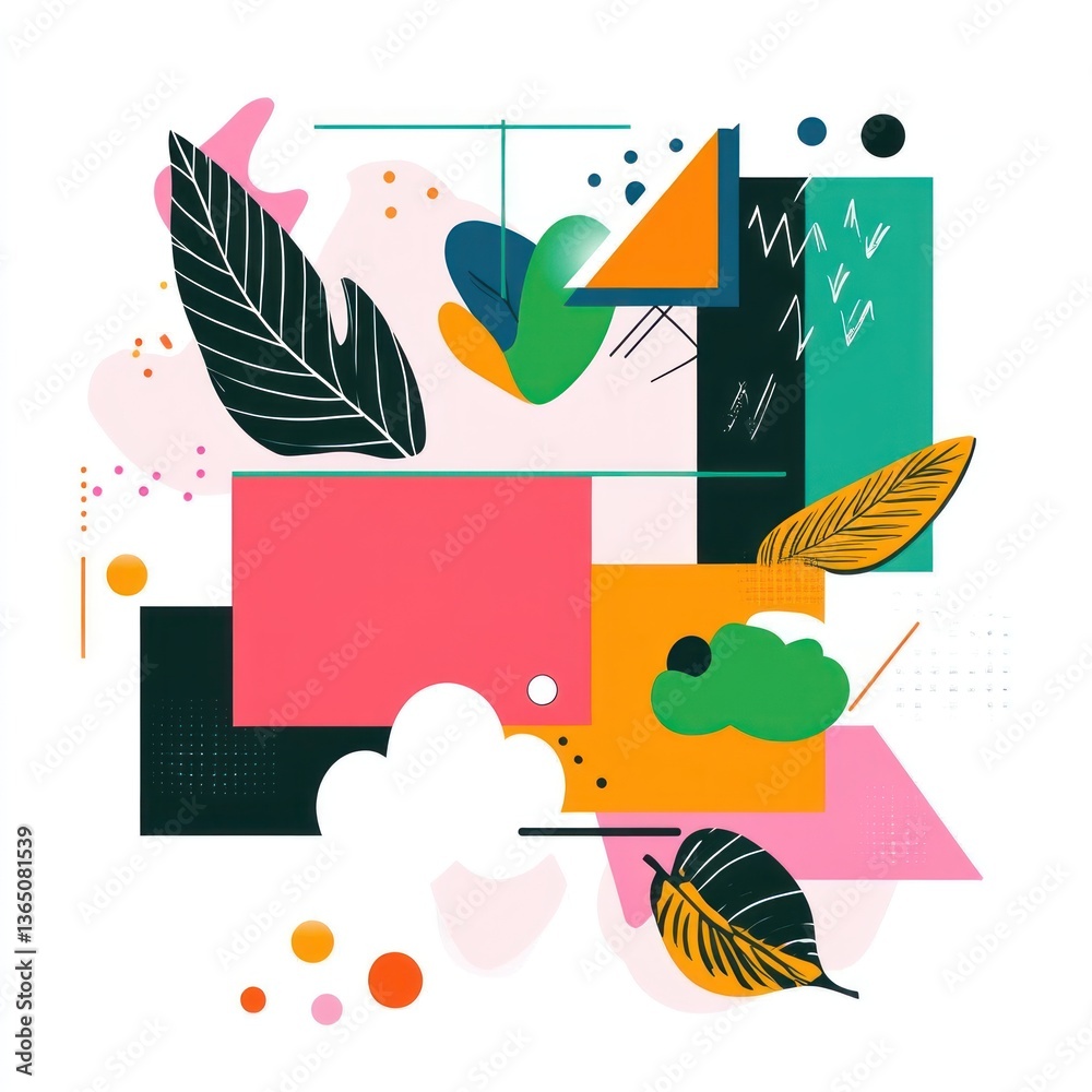 Naklejka premium Colorful abstract composition featuring botanical shapes and geometric arrangements