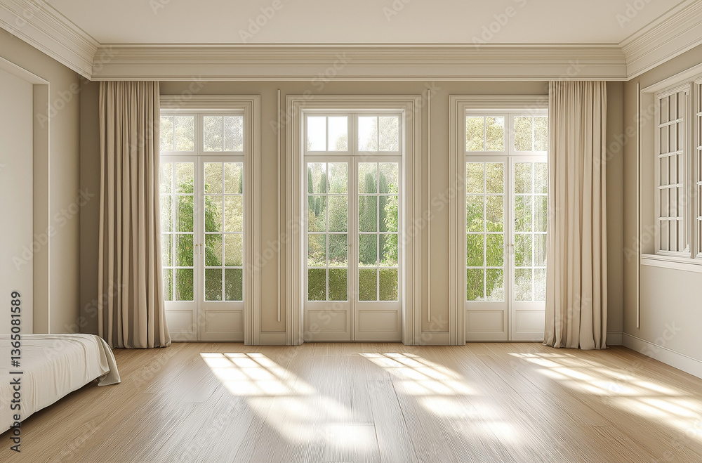 Fototapeta premium Elegant ballet studio bedroom featuring graceful French doors that inspire creative dance and living spaces