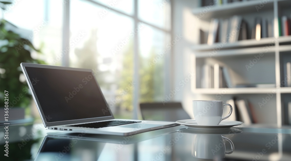 custom made wallpaper toronto digitalLaptop and Coffee on Glass Desk in Bright Modern Workspace