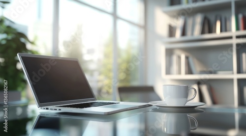 Wallpaper Mural Laptop and Coffee on Glass Desk in Bright Modern Workspace Torontodigital.ca