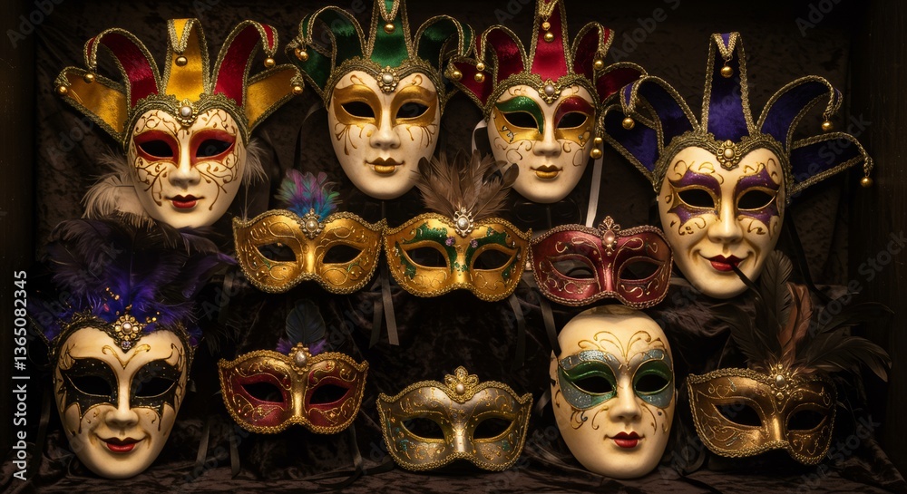 Collection of Elegant Venetian Carnival Masks Gold Red and Blue Decorated Masks