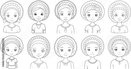  charming African girls with beautiful curly hair, each possessing a unique expression and style, showcased in a simple black and white line art collection.