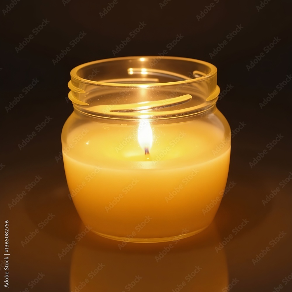A single flickering candle's gentle glow offering solace and warmth in a quiet moment, nestled in a clear glass jar on a dark surface. A single flickering candle's gentle glow offering solace and warmth in a quiet moment, nestled in a clear glass jar on a dark surface.