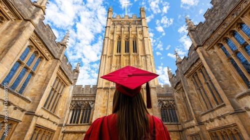 Graduate in Red Cap Gazing at Historic Building During Bright Day with Blue Sky and White Clouds