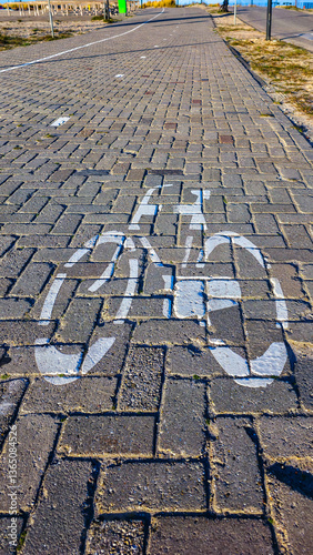 Obraz na płótnie Bicycle path marking on cobblestone w salonie