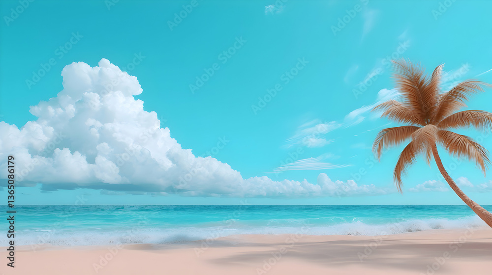 Obraz premium Tranquil Beach Scene with Palm Tree Under a Bright Blue Sky