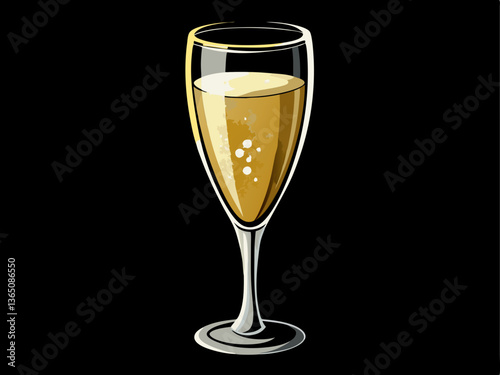 A crystal-clear champagne flute, filled with bubbly liquid, on a black background