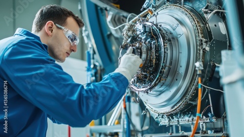 A space engineer testing satellite propulsion systems, satellite test lab with propulsion components and testing equipment visible, High-tech style