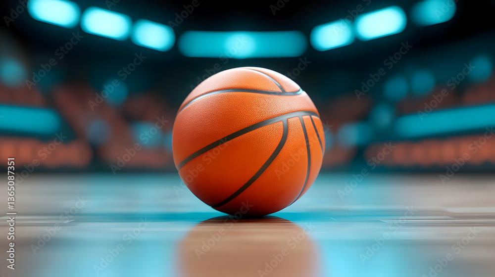 Orange Basketball on Polished Court with Stadium Crowd Background Orange Basketball on Polished Court with Stadium Crowd Background