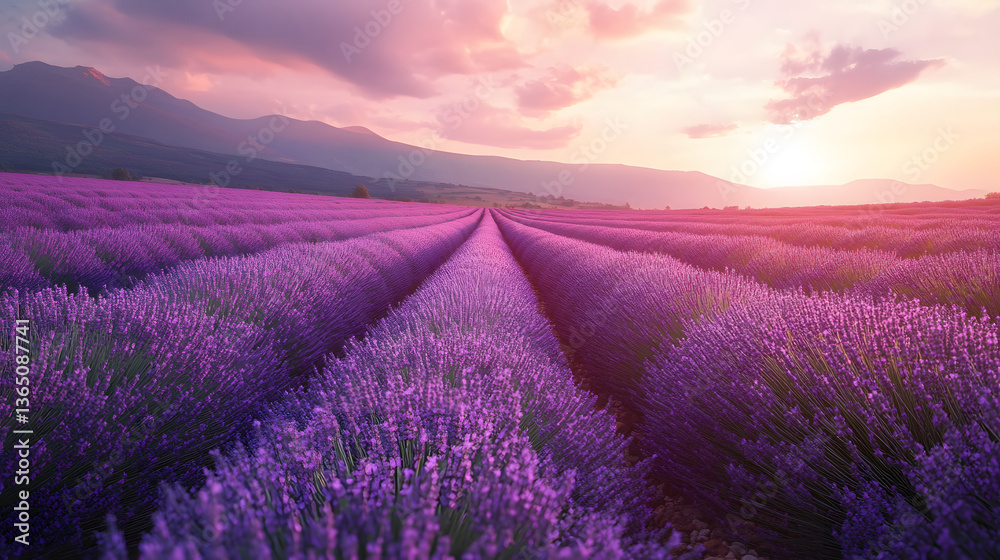 Fototapeta premium field, landscape, sky, sunset, nature, meadow, grass, summer, sun, sunrise, green, lavender, agriculture, flower, countryside, rural, cloud, clouds, sunlight, farm, country, spring, beautiful, purple,