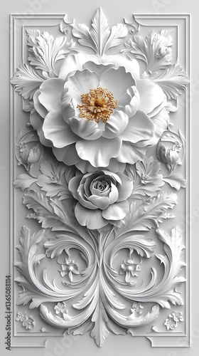 Ornate White Floral Relief with Peony and Rose

