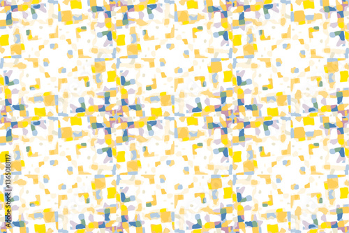Abstract geometric pattern. Yellow, blue, and white tones. Irregular square shapes. Overlapping layers. Digital illustration. Modern design. Vibrant colors. Playful aesthetic. Seamless repeat.