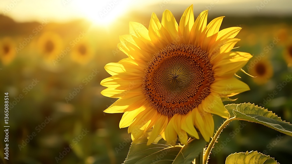Fototapeta premium A radiant sunflower facing the sun, intricate details in the petals, realistic pollen texture, warm golden hour lighting, slightly blurred green fields in the background