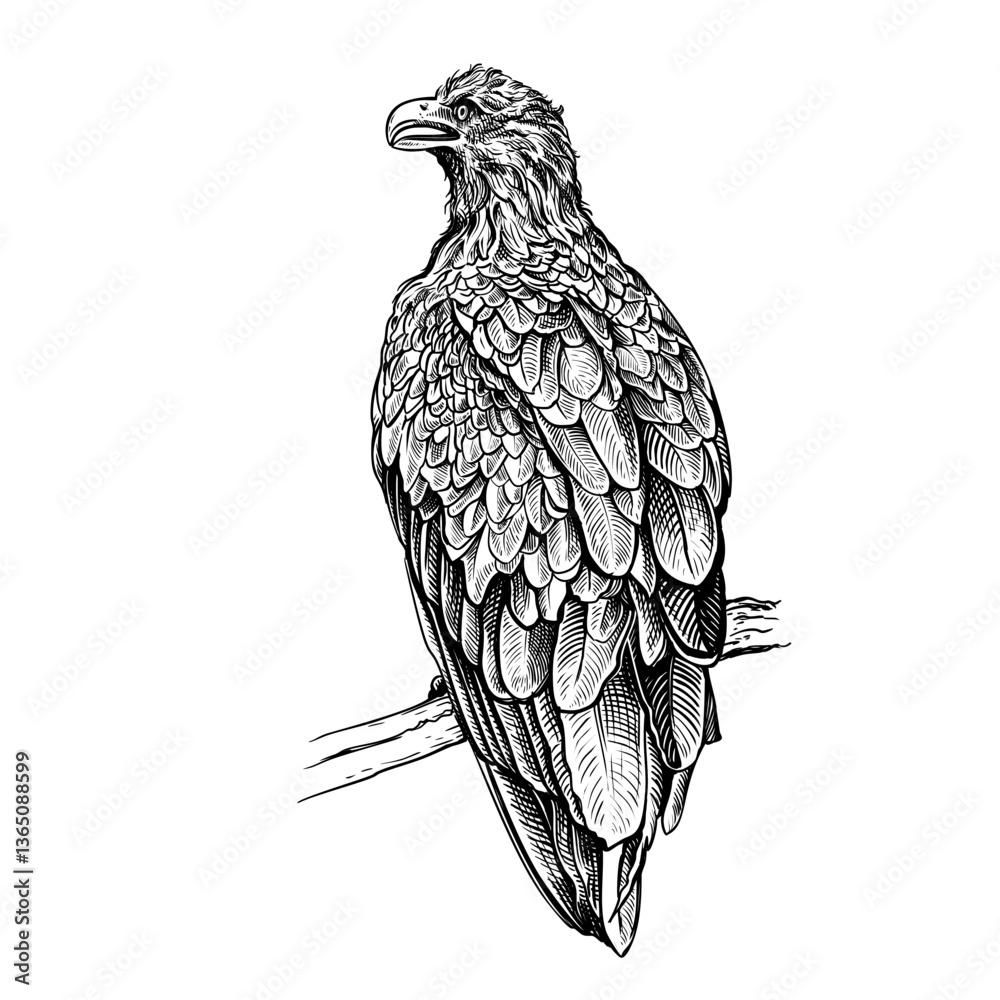 Fototapeta premium A hand-drawn sketch of a golden eagle isolated on a white background. A wild steppe bird is sitting on a branch. Vector linear drawing in the style of engraving