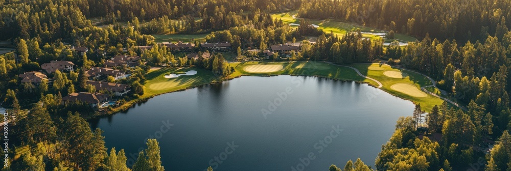 Fototapeta premium An aerial view captures a picturesque golf course near a lake