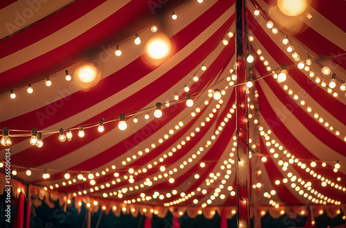 Lively carnival arena adorned with sparkling festoon bulbs radiating merriment and vibrant striped festive excitement