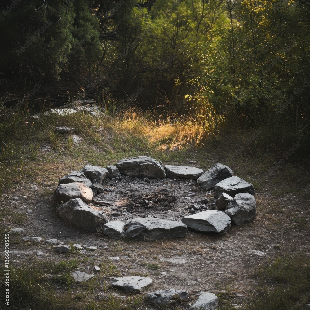 Obraz premium Stone circle firepit in tranquil forest setting at dusk
