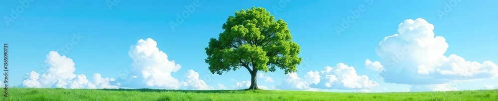 Tree against clear blue sky with fluffy white clouds, tree, vast Tree against clear blue sky with fluffy white clouds, tree, vast