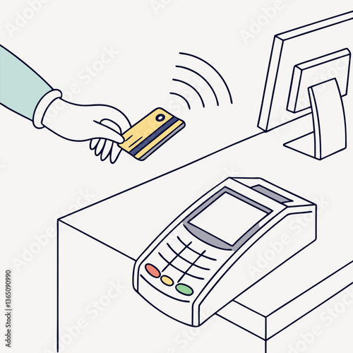 Drawing prepared for the concept of online shopping with a contactless credit card
