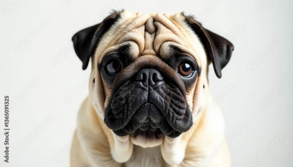 Wrinkled pug, front view, pure white backdrop, adorable, cute Wrinkled pug, front view, pure white backdrop, adorable, cute
