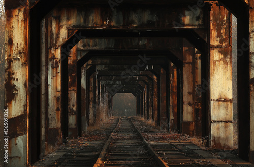 Adventure through the rust industrial overpass  exploring weathered architecture and urban decay with fearless energy