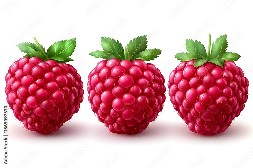 Three ripe raspberries with green leaves isolated on white background Three ripe raspberries with green leaves isolated on white background