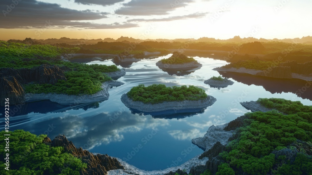 Serene sunrise over tranquil lake with lush forested islands Serene sunrise over tranquil lake with lush forested islands