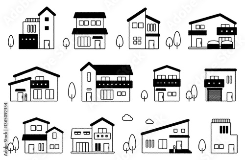 手描き住宅建物ベクターイラストセット ラフ 家 住宅展示場 町並み 街並み 不動産 一戸建て