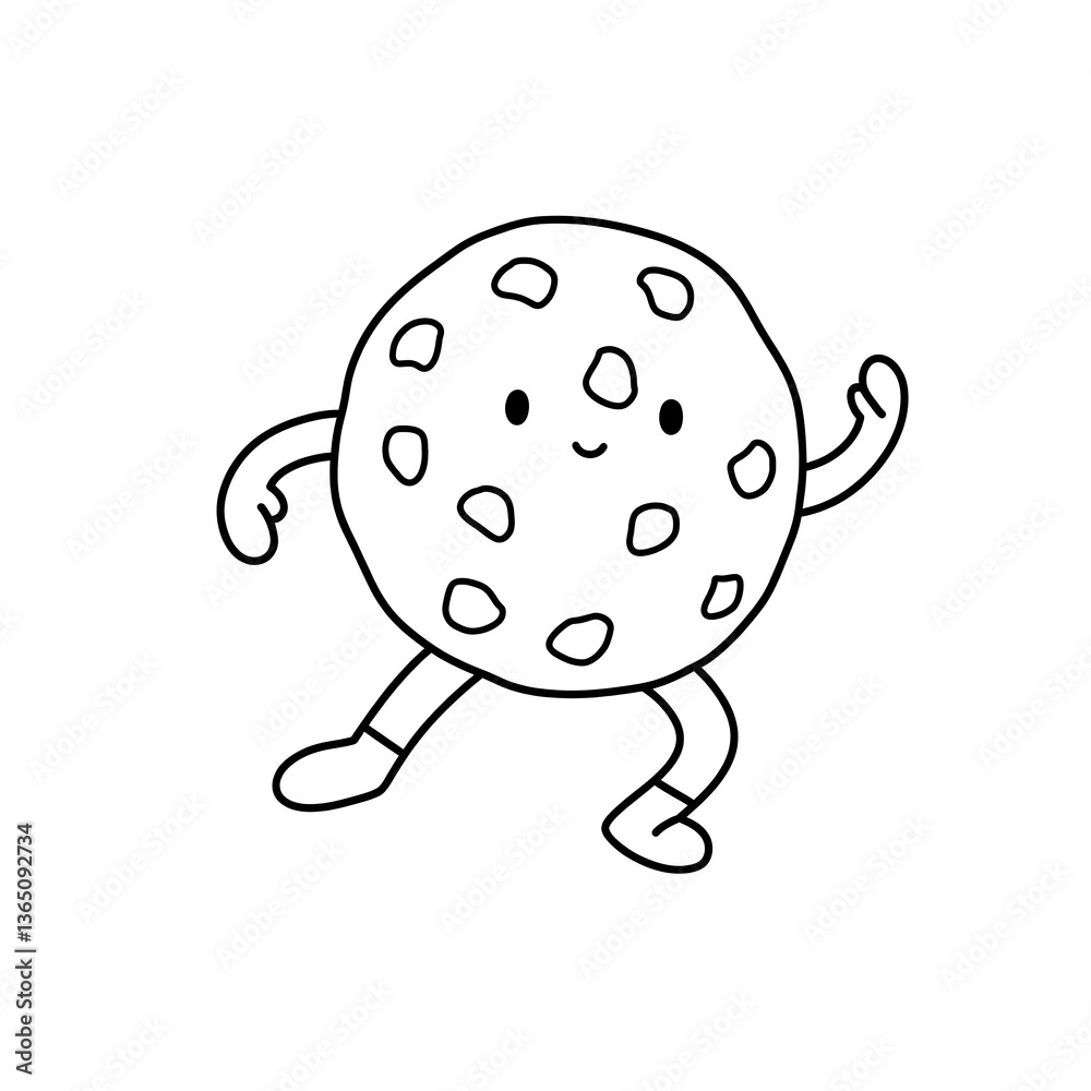 Obraz premium Line drawing of happy cookie character, with round body, small legs, and arms, suggesting playfulness and joy, suitable for children's products or bakery branding