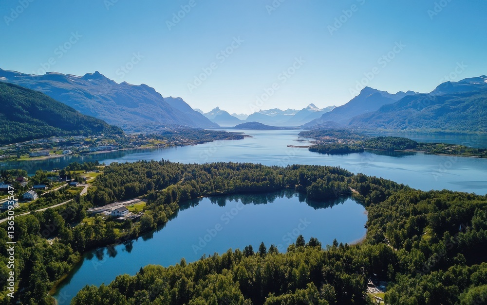 Naklejka premium Aerial photograph of mountains and a lake surrounded by nature