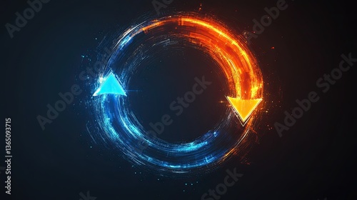 Glassy Circular Arrow in Blue and Orange, Clean Simple Design Symbolizing Cycle and Flow 