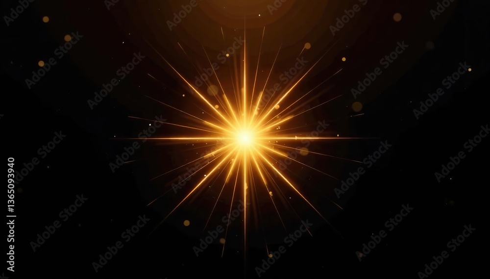 Naklejka premium Gold flare vector radiating from center on black background, vivid, illustration