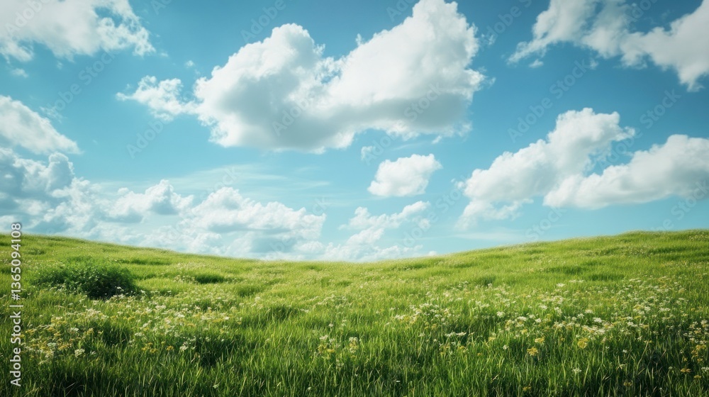 Green Meadow Landscape with Cloudy Blue Sky Perfect for Springtime Background Green Meadow Landscape with Cloudy Blue Sky Perfect for Springtime Background