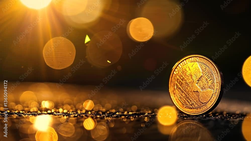 Münze liegt glänzend im goldenen Licht